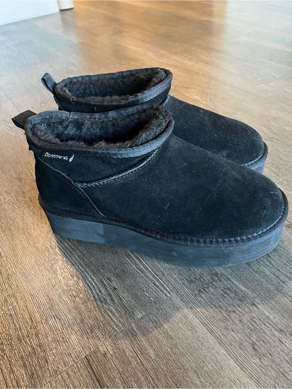 BearPaw Black Suede Shearling-Lined Platform Ankle Booties